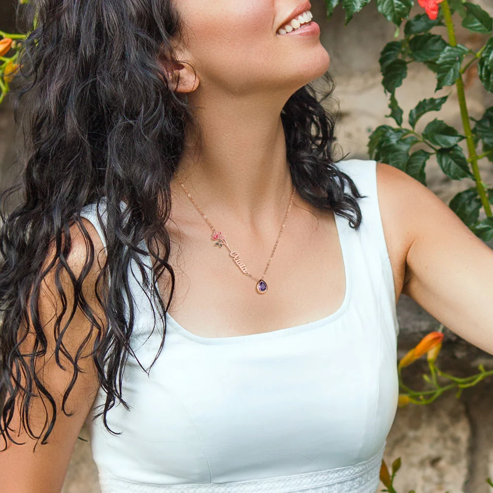 Collier personnalisé pour femmes avec nom en pierre et fleur de naissance Cadeau d'anniversaire - Or