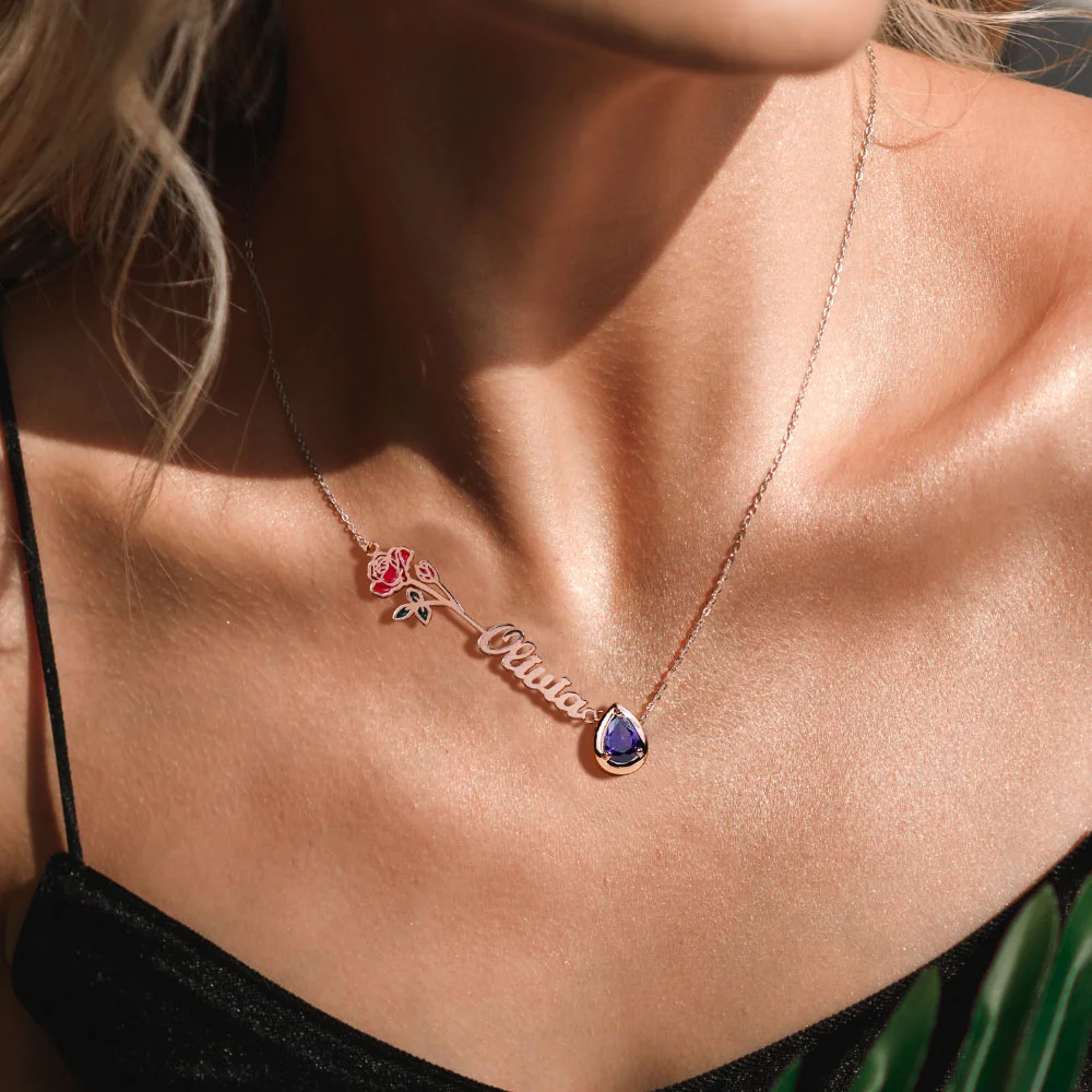 Collier personnalisé pour femmes avec nom en pierre et fleur de naissance Cadeau d'anniversaire - Or