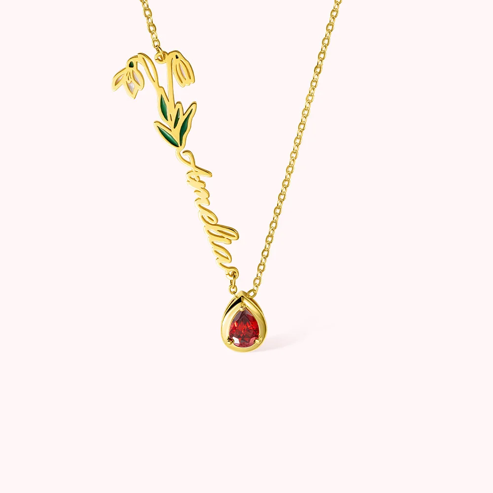 Collier personnalisé pour femmes avec nom en pierre et fleur de naissance Cadeau d'anniversaire - Or Rose