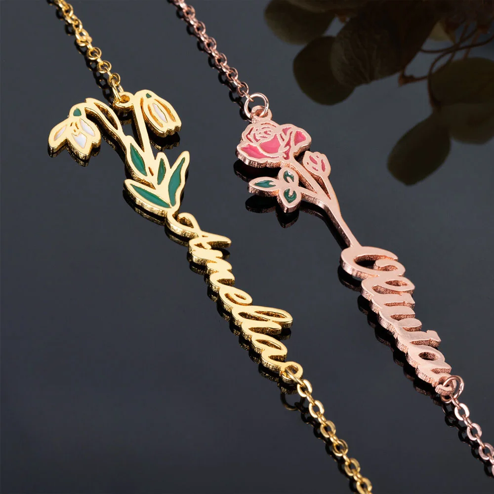 Collier personnalisé pour femmes avec nom en pierre et fleur de naissance Cadeau d'anniversaire - Or Rose
