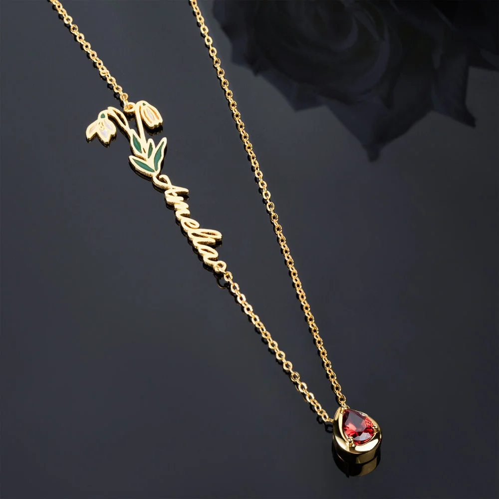 Collier personnalisé pour femmes avec nom en pierre et fleur de naissance Cadeau d'anniversaire - Or Rose