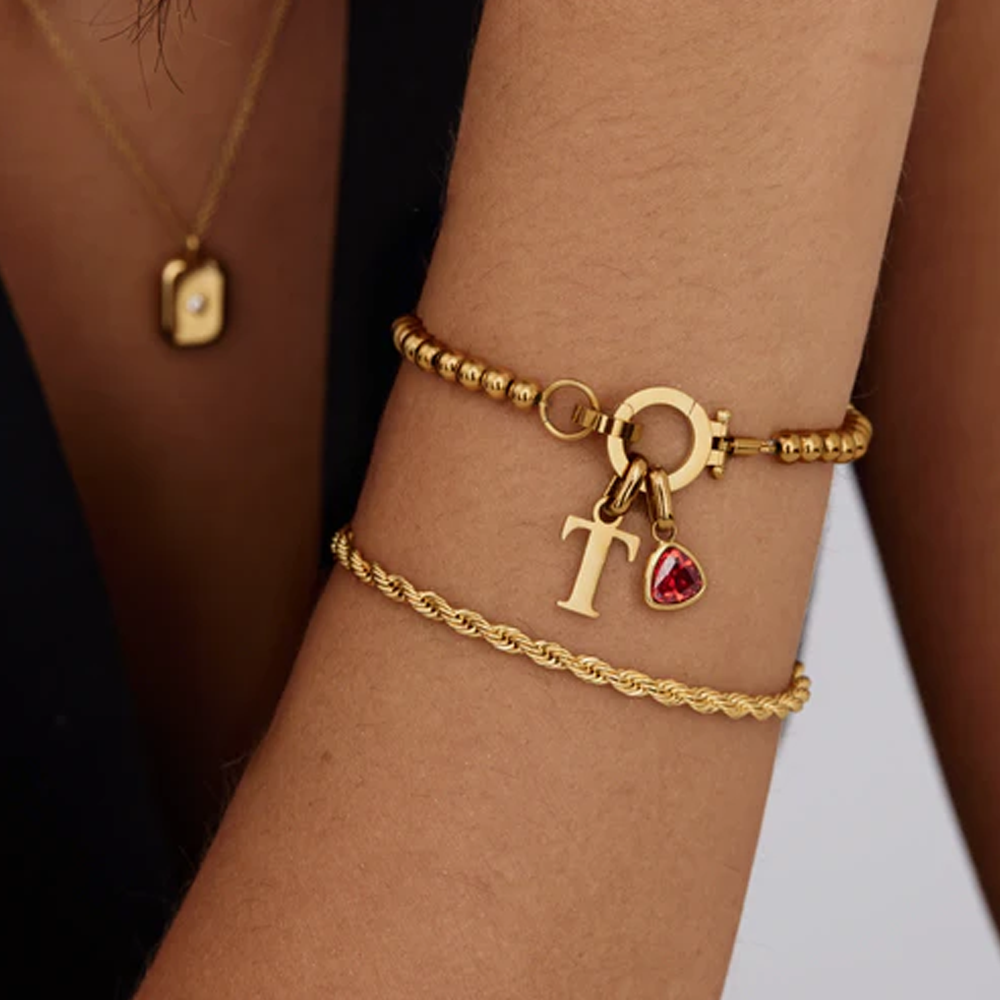 À ma Fille - Bracelet à breloques initiales en perles et pierre de naissance