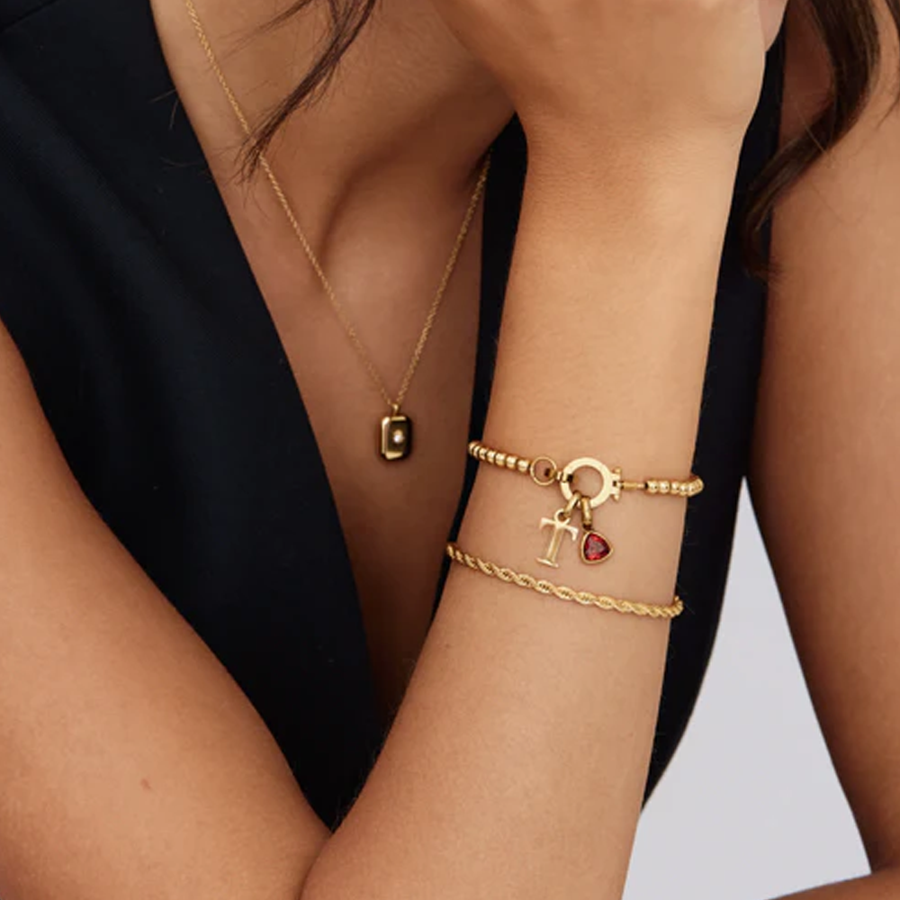 À ma Fille - Bracelet à breloques initiales en perles et pierre de naissance